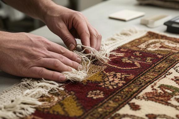 Detalle de manos revisando las fibras y los tintes de una alfombra delicada antes de limpiarla