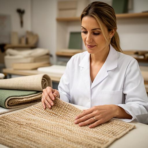 Maricarmem Kaiser revisando la textura de una alfombra natural en el taller de Lucena