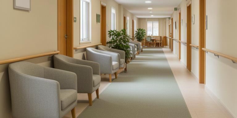 Pasillo de una residencia de mayores en Lucena con alfombra limpia y sillones tapizados